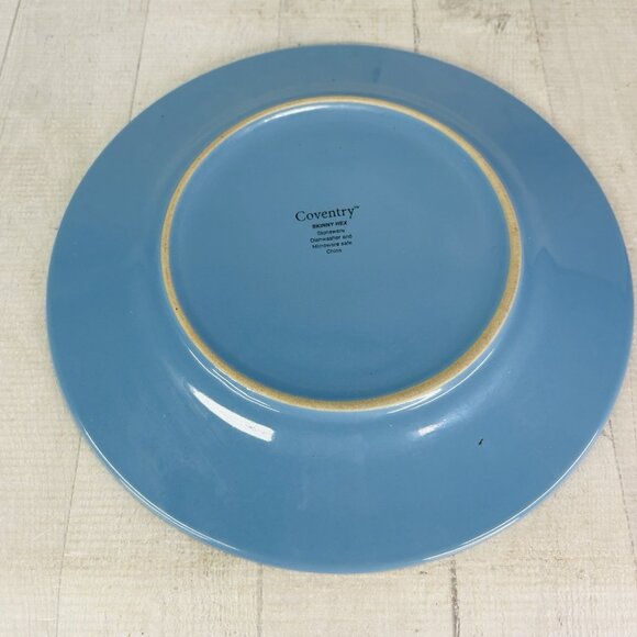Coventry SKINNY HEX Blue Embossed Rim Design Stoneware 11" Dinner Plates Set 4 - Picture 9 of 16